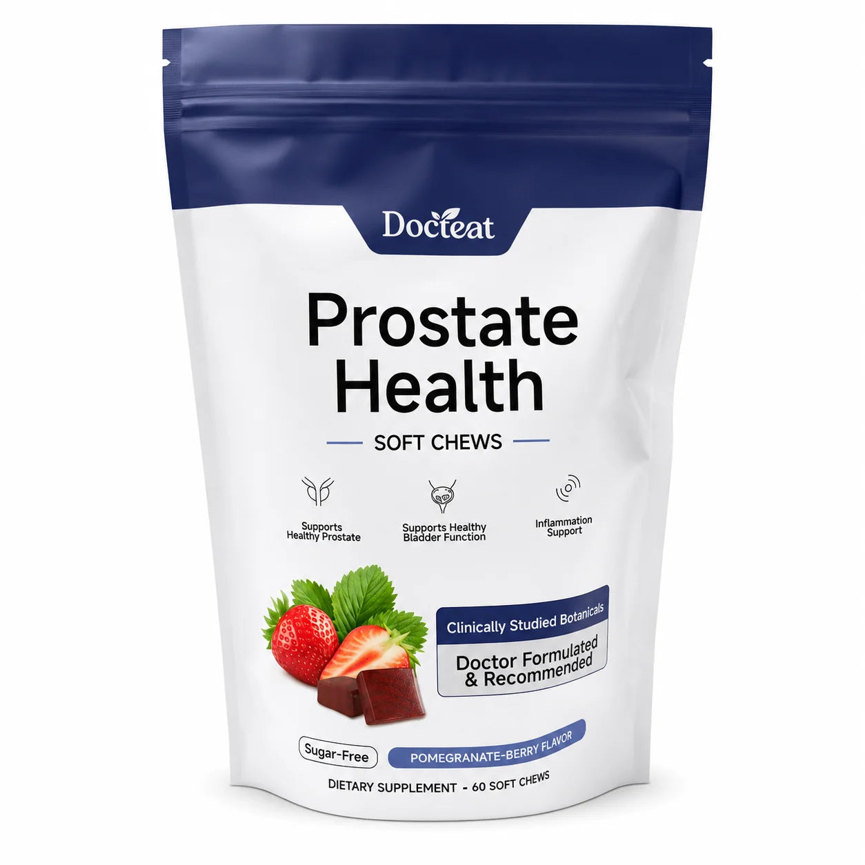 Docteat Prostate Health Soft Chews 60 Count Sugar-Free Pomegranate-Berry Flavor Daily Support with Reishi Extract Zinc Vitamin C