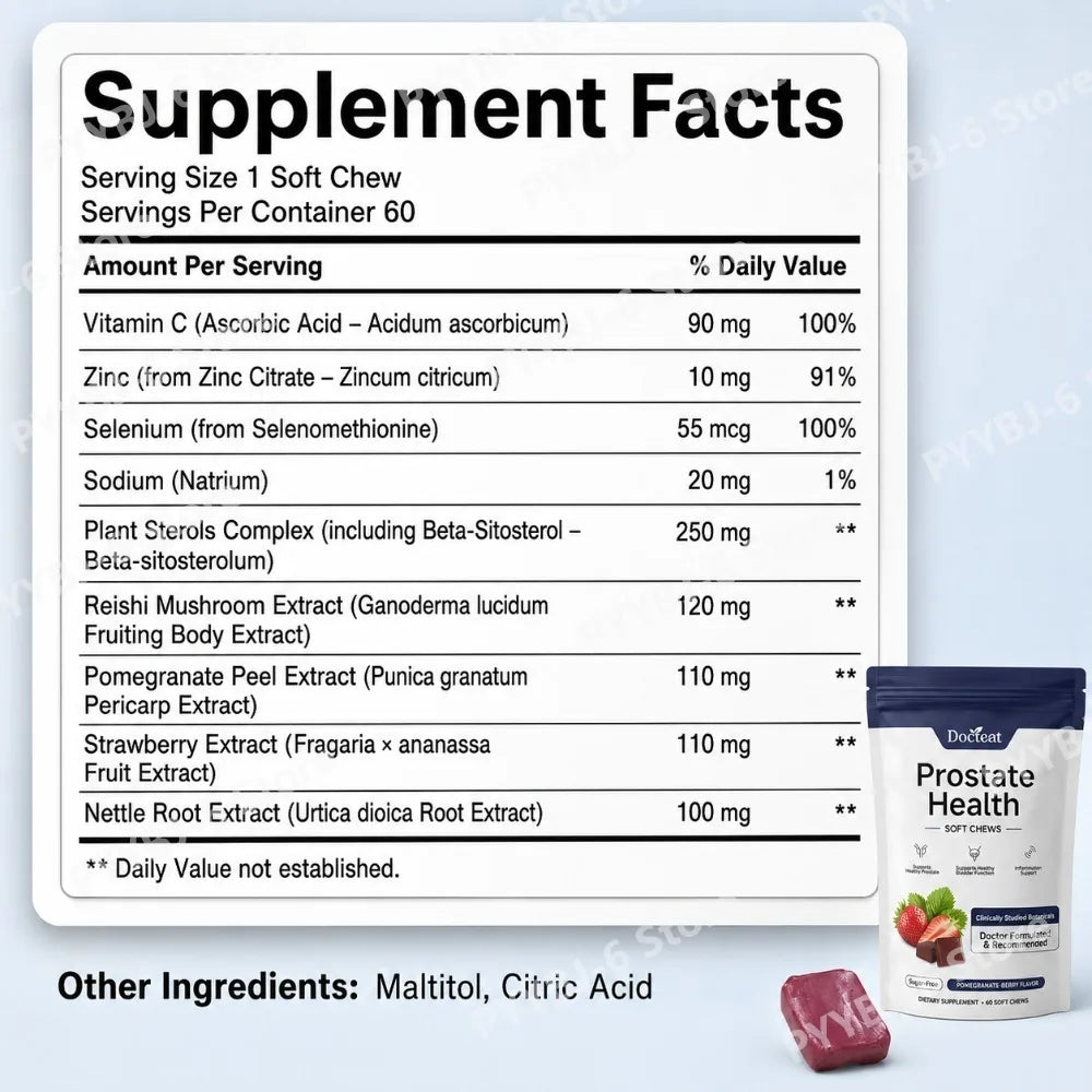 Docteat Prostate Health Soft Chews 60 Count Sugar-Free Pomegranate-Berry Flavor Daily Support with Reishi Extract Zinc Vitamin C