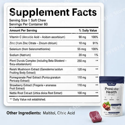 Docteat Prostate Health Soft Chews 60 Count Sugar-Free Pomegranate-Berry Flavor Daily Support with Reishi Extract Zinc Vitamin C