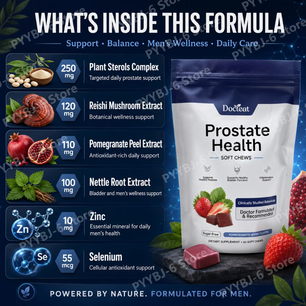 Docteat Prostate Health Soft Chews 60 Count Sugar-Free Pomegranate-Berry Flavor Daily Support with Reishi Extract Zinc Vitamin C