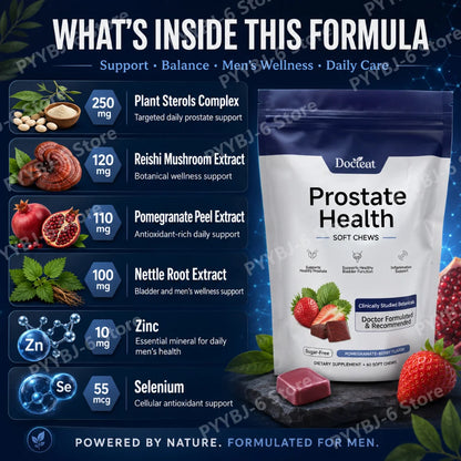 Docteat Prostate Health Soft Chews 60 Count Sugar-Free Pomegranate-Berry Flavor Daily Support with Reishi Extract Zinc Vitamin C