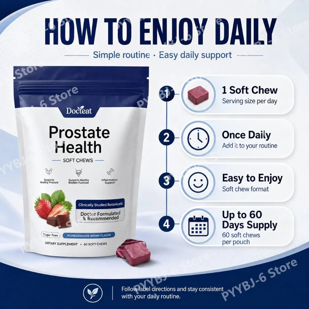 Docteat Prostate Health Soft Chews 60 Count Sugar-Free Pomegranate-Berry Flavor Daily Support with Reishi Extract Zinc Vitamin C