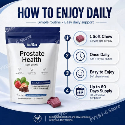 Docteat Prostate Health Soft Chews 60 Count Sugar-Free Pomegranate-Berry Flavor Daily Support with Reishi Extract Zinc Vitamin C